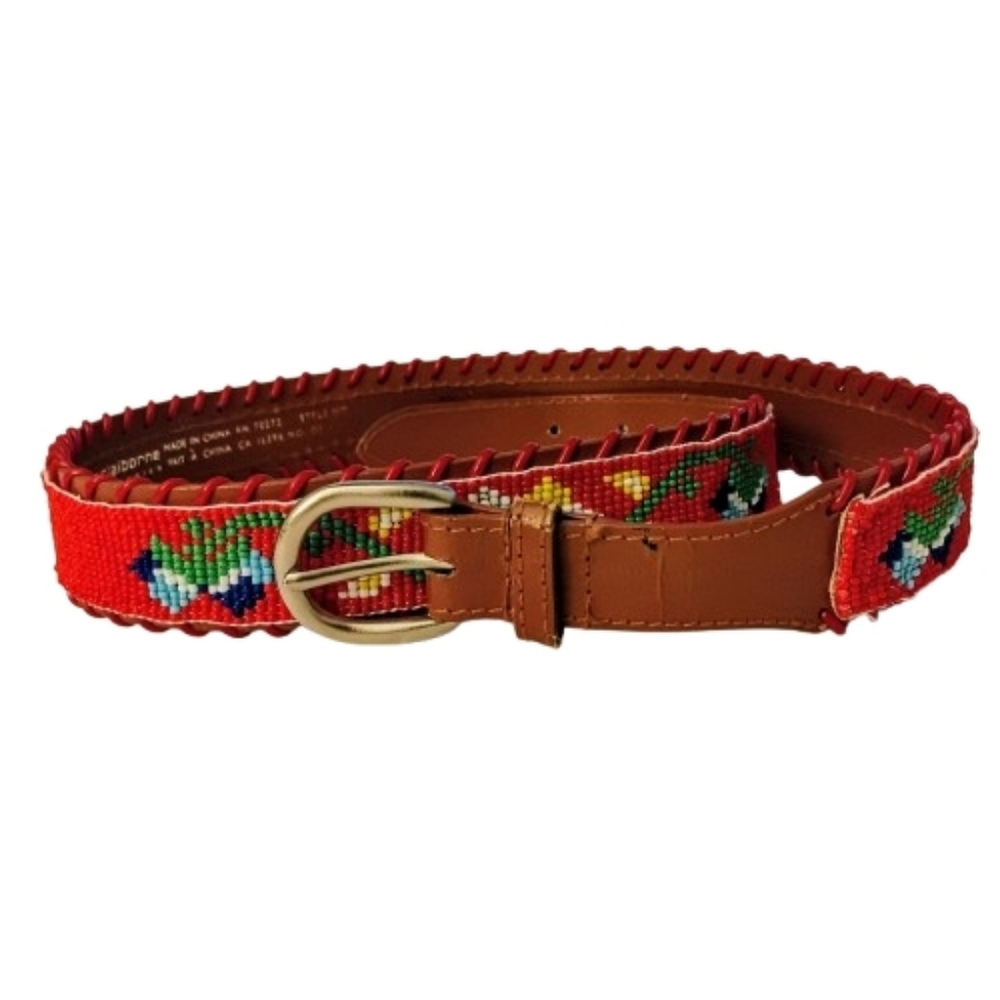 Liz Claiborne Hand Beaded Leather Belt Multicolor  Southwest Cowgirl Boho Size L